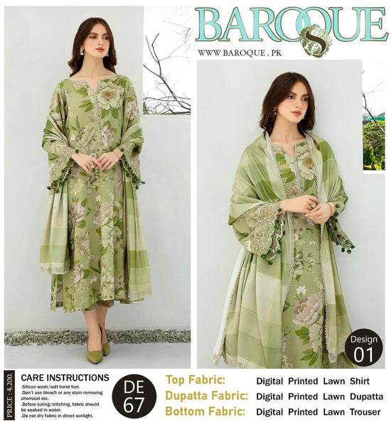 BAROQUE LAWN PRINTED UNSTICH 3PC