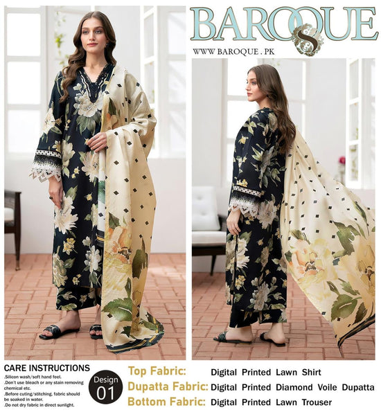 BAROQUE LAWN PRINTED UNSTICH 3PC